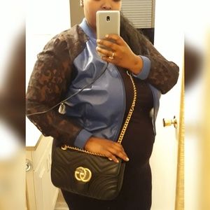 Blue Faux Leather with Lace Sleeves Jacket
